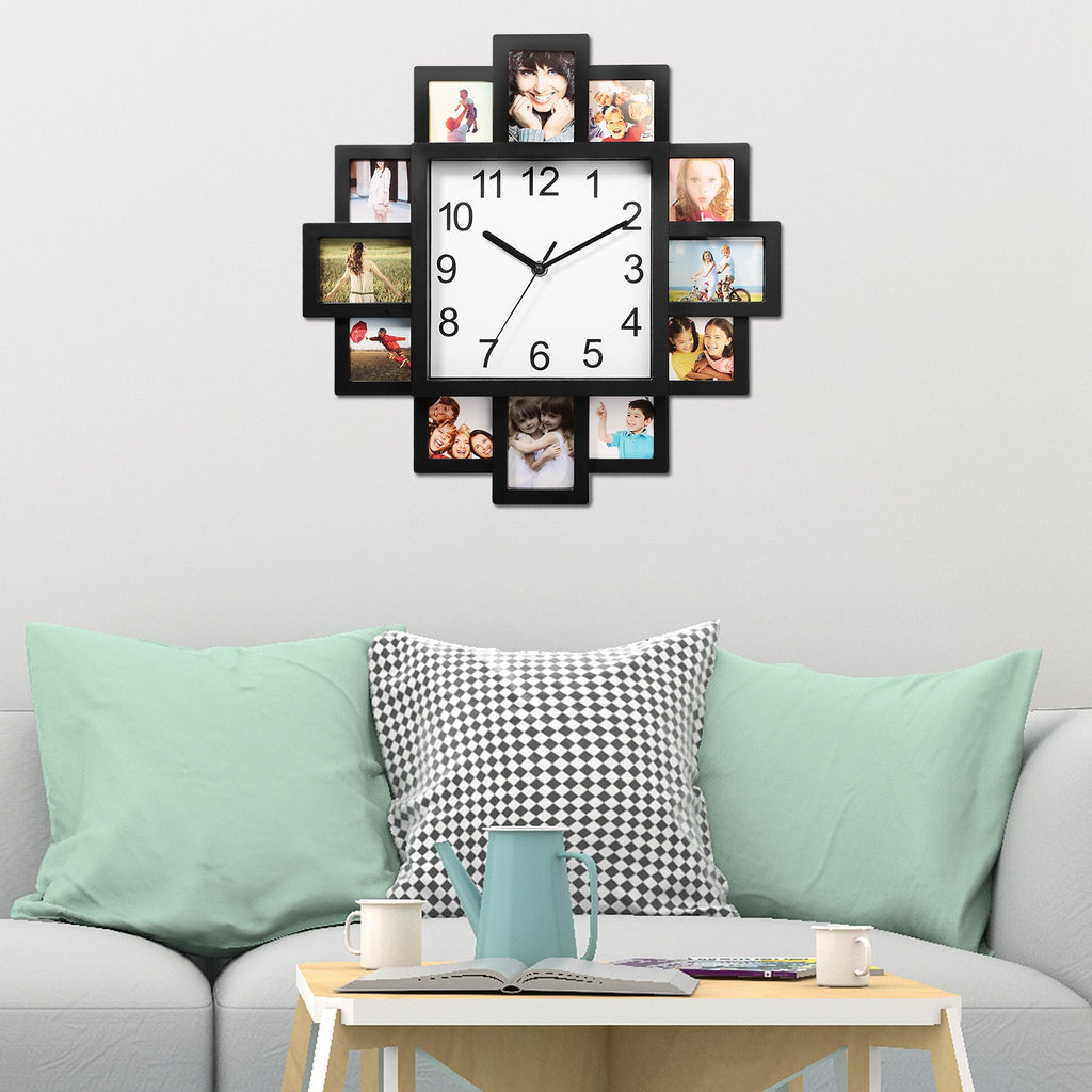 Photo Frame Wall Clock With 12 Picture Collage Openings, Black ABS, 15.35 In Square Family Photo Display