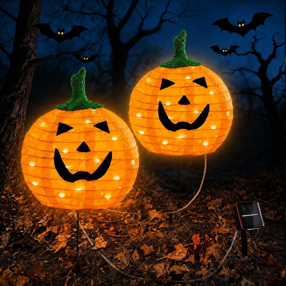 Solar Halloween Pumpkin Stake Lights, 2 Pack 12 Inch LED Jack O Lantern Outdoor Pathway Decorations, Orange