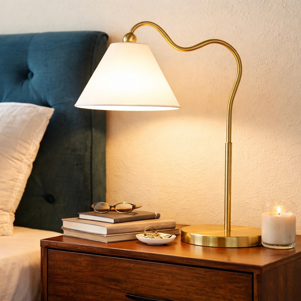 Curved Brass Table Lamp With White Fabric Shade, Gold Metal Ring Base Bedside Lamp, 22 Inches