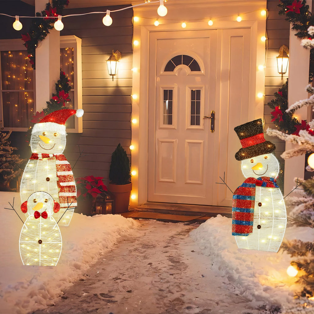 Lighted Snowman Family Yard Decoration, 3 Piece 2D Christmas Snowmen With 60 Warm White LED Lights, Indoor Outdoor Display