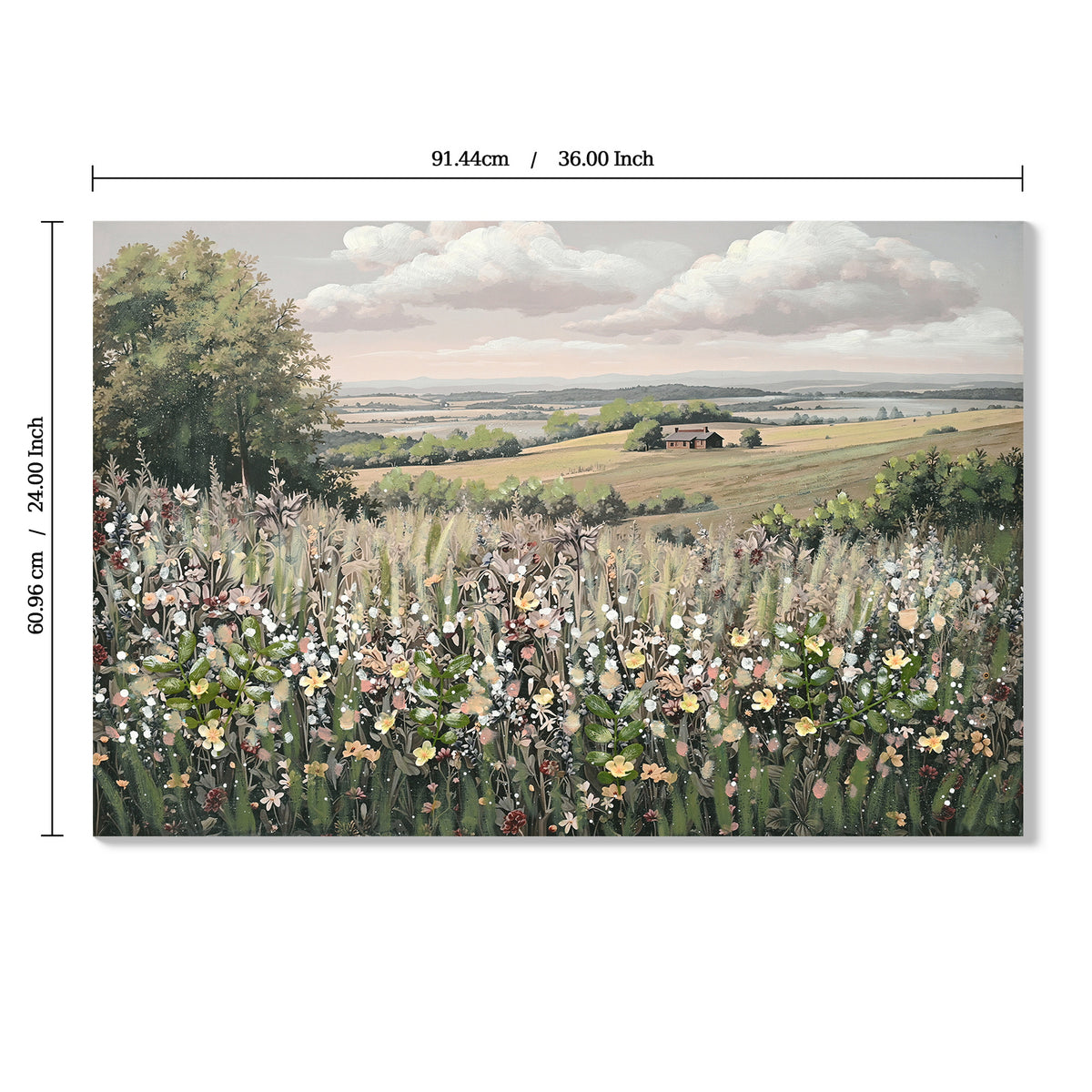 Wildflower Meadow Canvas Wall Art, 24x36 Framed Landscape Print With 3D Faux Floral Accents, Green and Ivory Farmhouse Decor