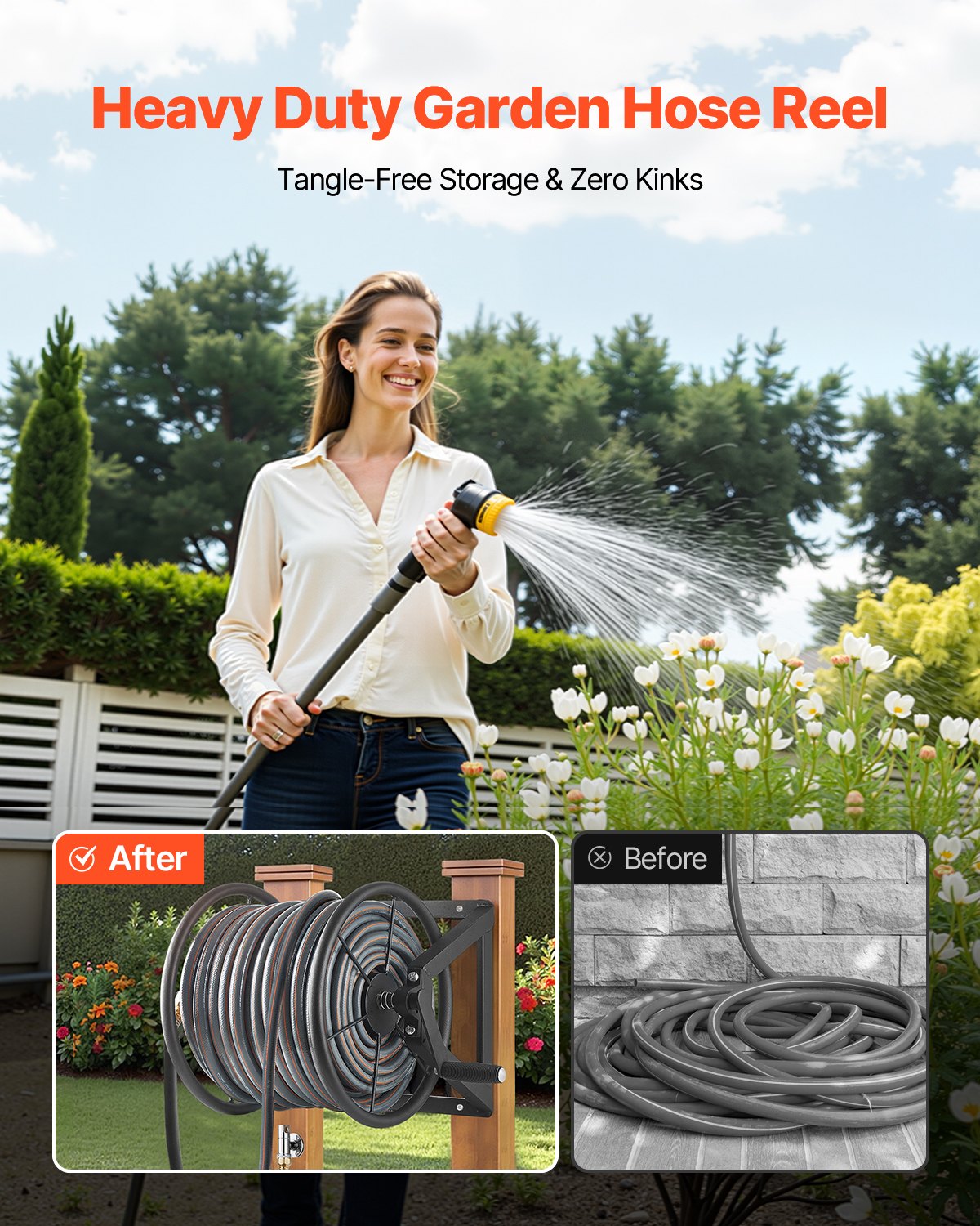 Wall Mounted Garden Hose Reel, Black Metal Manual Hose Winder With Brass Fitting, Holds Up to 200 ft