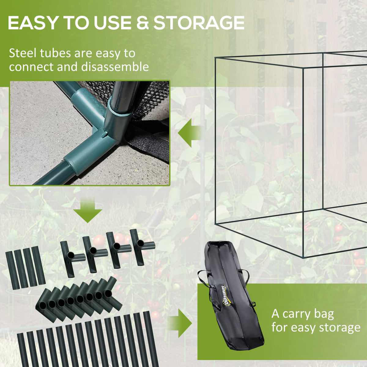 Crop Cage Plant Protector, 6 x 3 ft Walk-In Garden Netting Cover with Zippered Roll-Up Door, Steel Frame, Ground Stakes and Storage Bag, Black