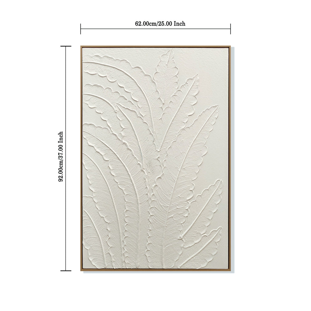 Framed Botanical Leaf Wall Art, 25 x 37 in Antique White Textured Canvas Painting, Minimalist Neutral Decor, Ready to Hang