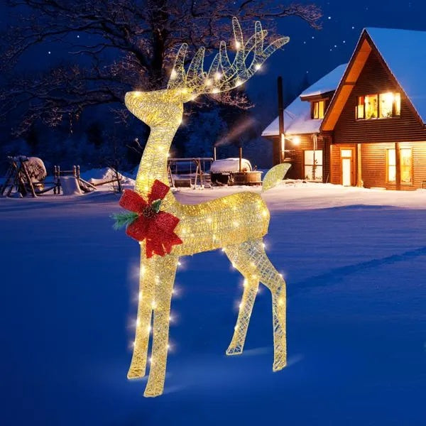 Lighted Christmas Reindeer Outdoor Decoration, 4 Ft Pre-Lit Gold Glitter Deer With 90 Warm White LED Lights, Stakes and Zip Ties
