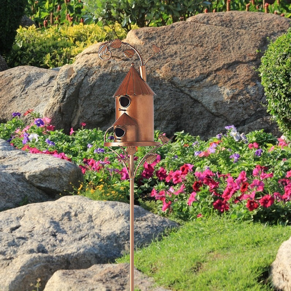 Metal Birdhouse Garden Stake, Cottage Style Bird House With Pole for Yard and Patio Decor