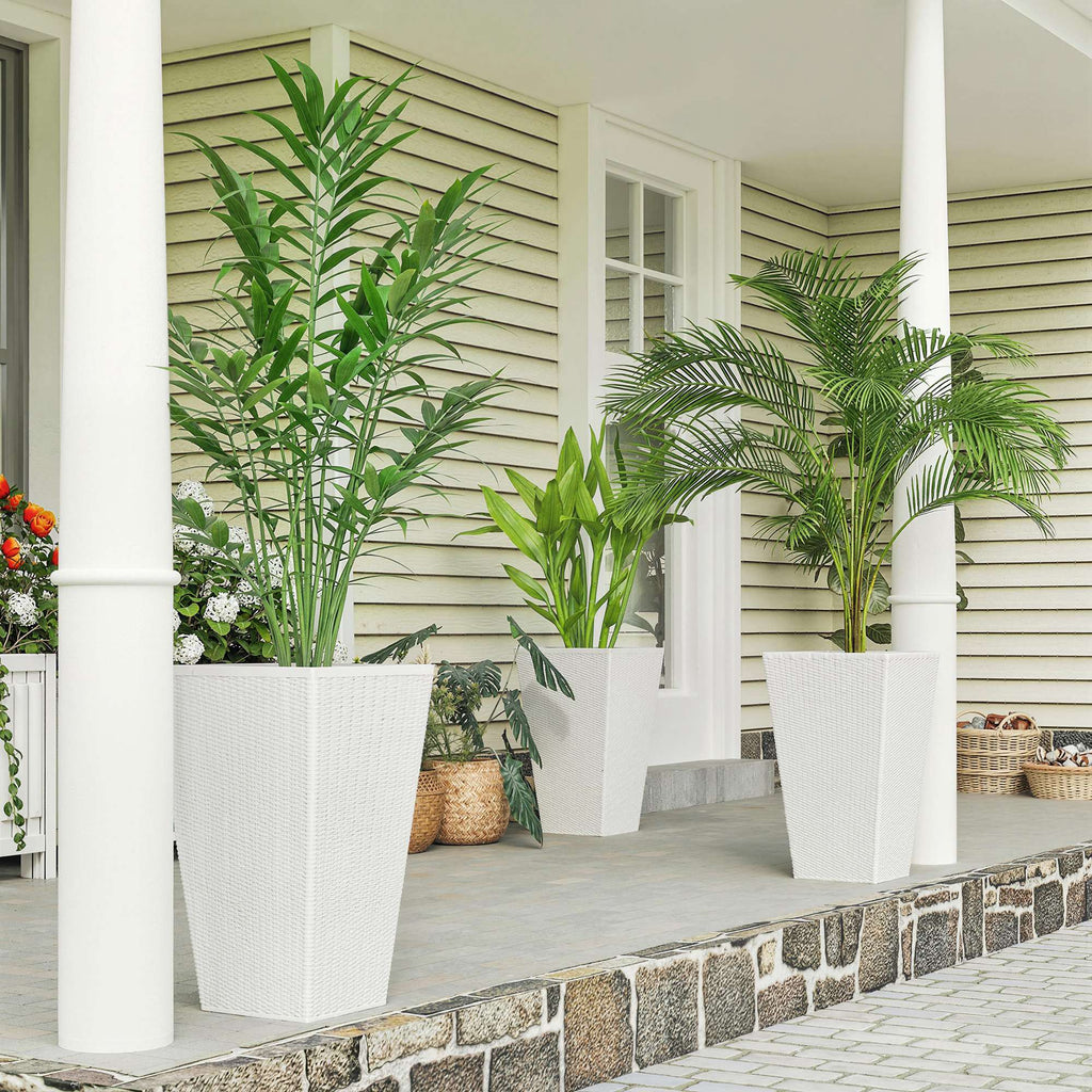 Tall Planters for Outdoor Plants, Set of 3, 24" White Rattan-Style Tapered Plant Pots with Drainage Holes
