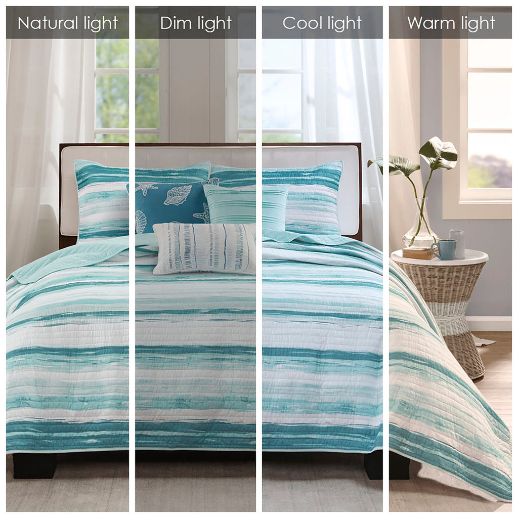 6 Piece Printed Quilt Set With Throw Pillows, Aqua Coastal Cotton Bedding, Full/Queen
