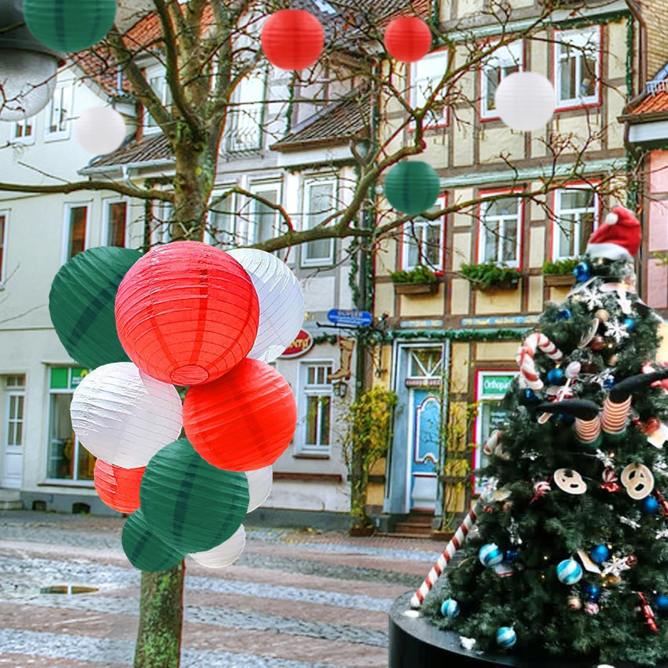 Christmas Paper Lanterns, 12 Pack Red Green White Hanging Lanterns in 4 Sizes for Holiday Party Decor