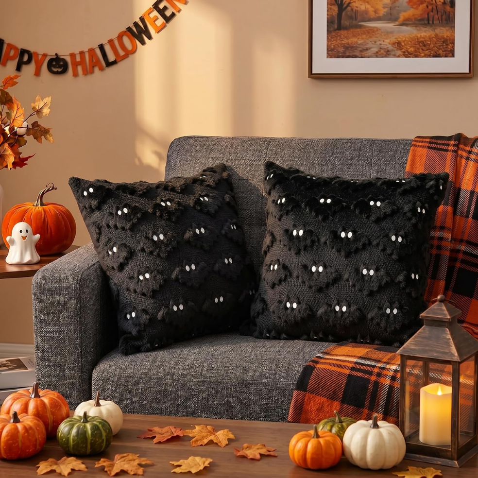 Halloween Bat Pillow Covers, Set of 2 Black Plush Tufted Throw Cushion Covers for Sofa and Bed