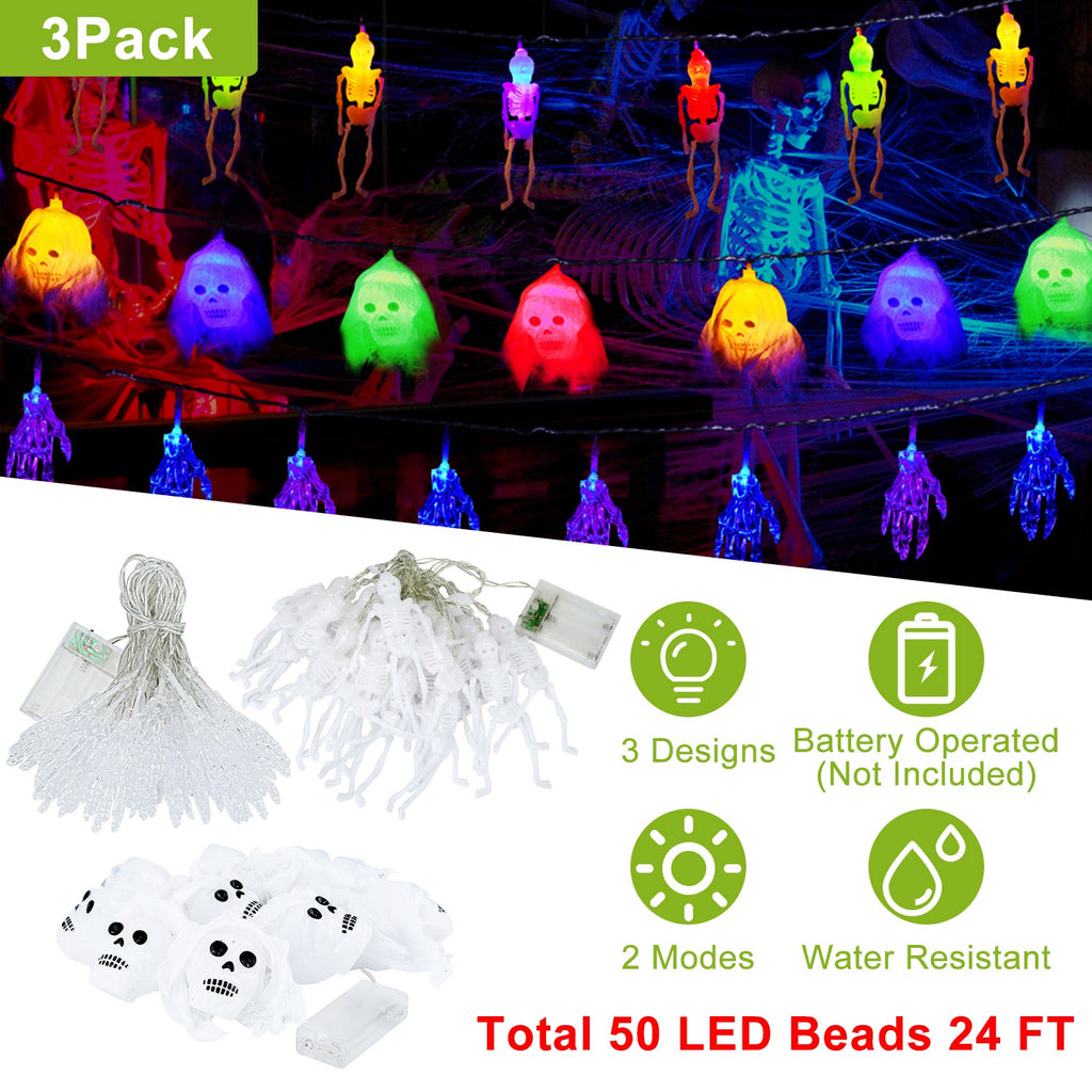 Halloween String Lights Set of 3, 50 LED 24 ft Skeleton, Skull and Spooky Hand Lights, Battery Operated Indoor Outdoor Decor