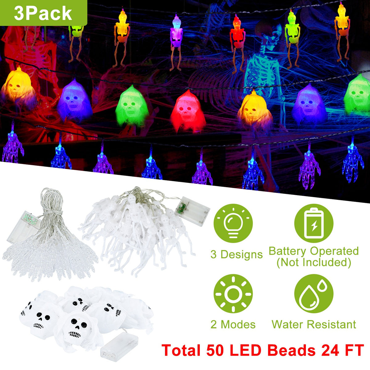 Halloween String Lights Set of 3, 50 LED 24 ft Skeleton, Skull and Spooky Hand Lights, Battery Operated Indoor Outdoor Decor
