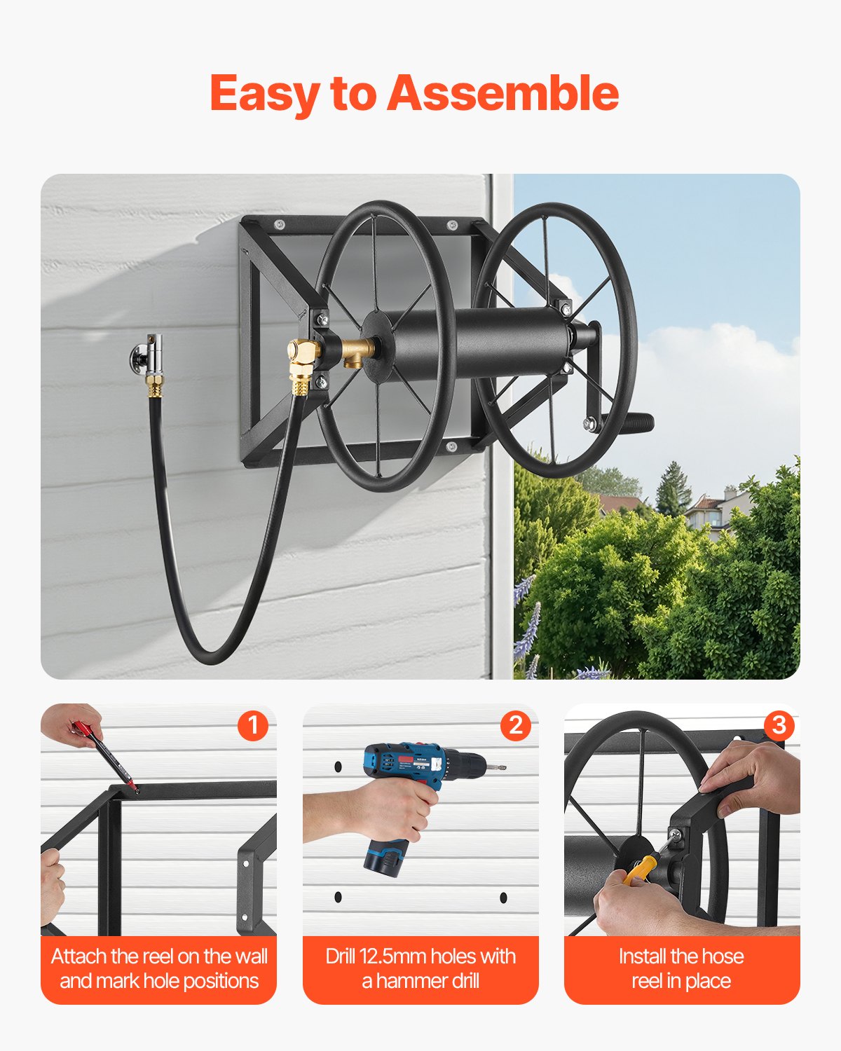 Wall Mounted Garden Hose Reel, Black Metal Manual Hose Winder With Brass Fitting, Holds Up to 200 ft