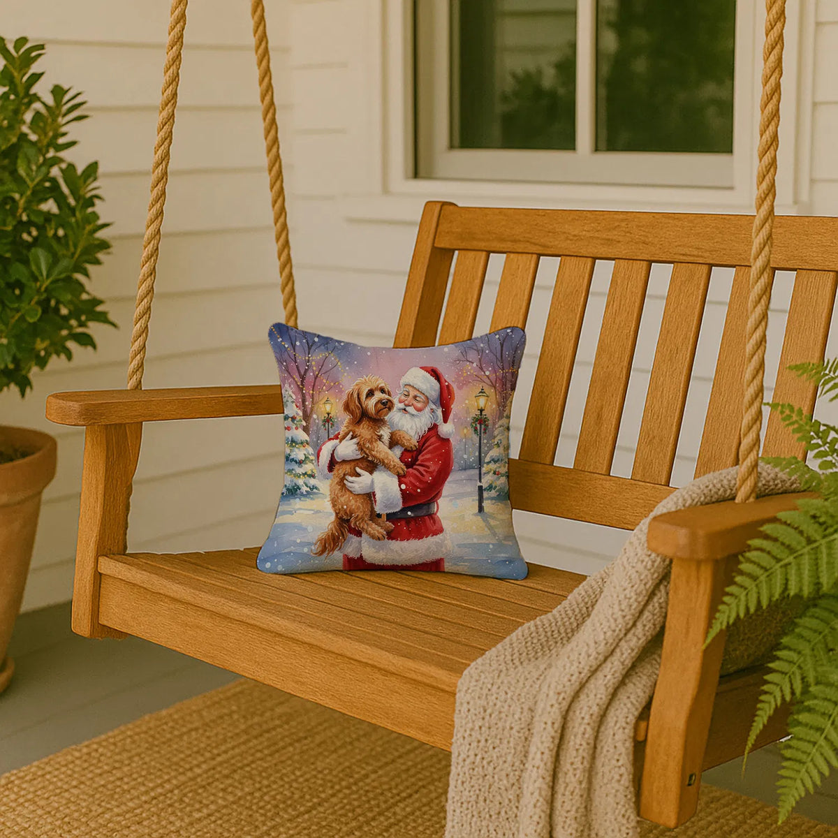 Labradoodle With Santa Throw Pillow, 14x14 Water-Resistant Indoor Outdoor Christmas Accent Cushion for Couch or Patio