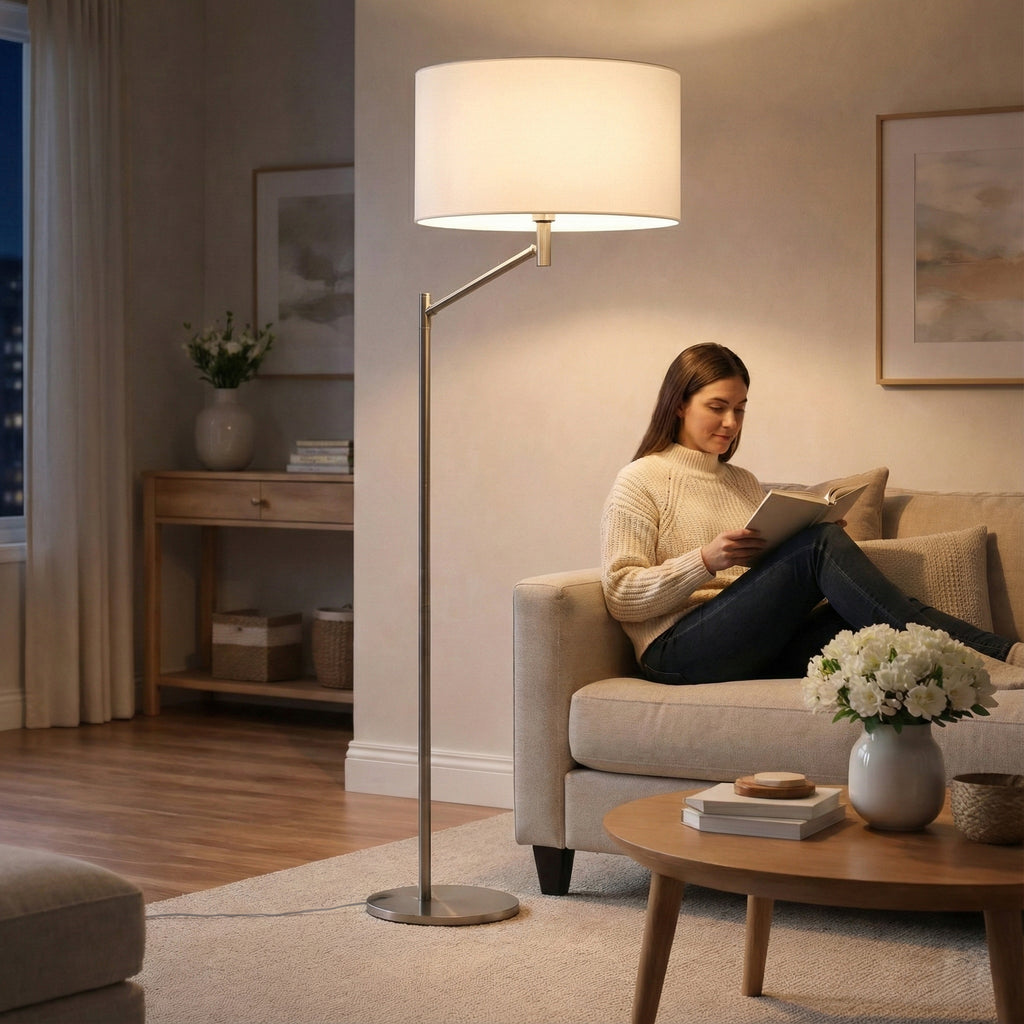 Horizon Brushed Nickel Table Lamp With Linen Shade, Curved Metal Base and On/Off Switch