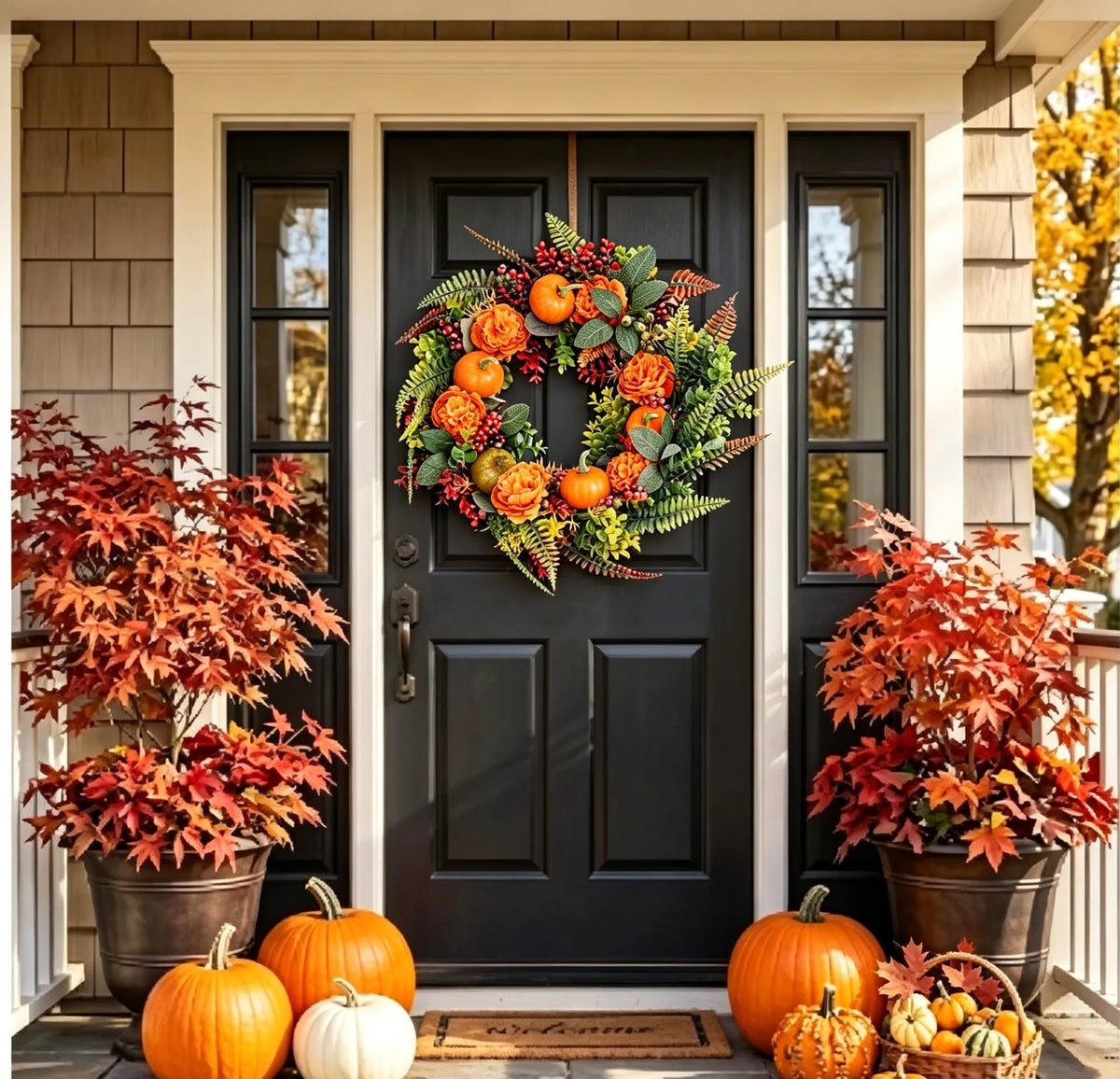 Fall Front Door Wreath With Mini Pumpkins, Red Berries and Mixed Leaves, 17.71 Inch Orange and Green Autumn Wreath