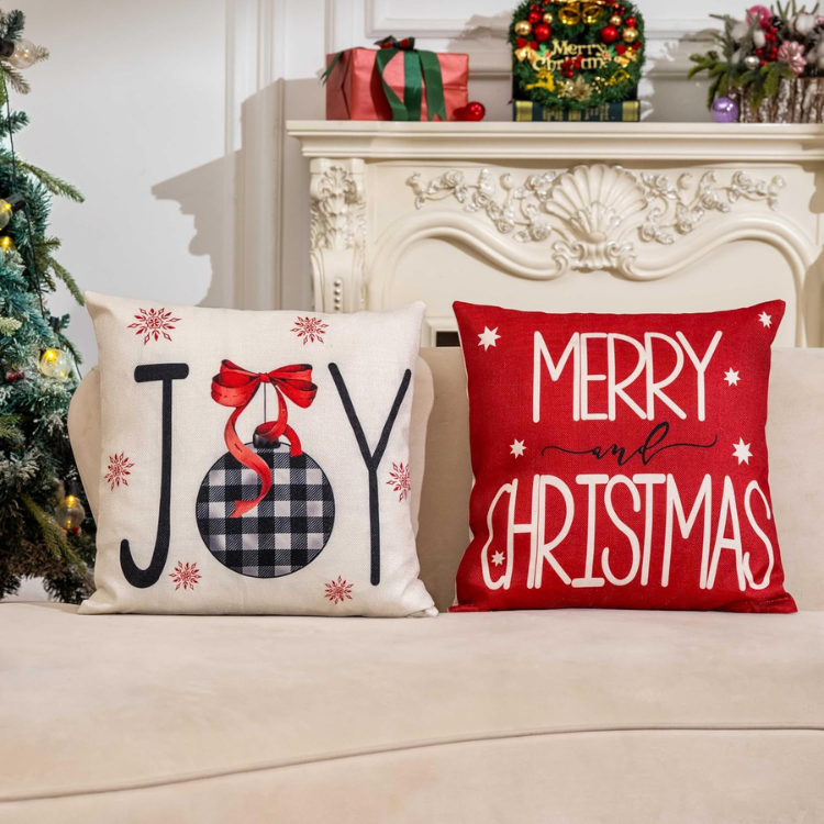 Christmas Throw Pillow Covers, Set of 4 Red and White 18x18 Inch Polyester Linen Cushion Cases with Joy, Snowflake and Tree Designs