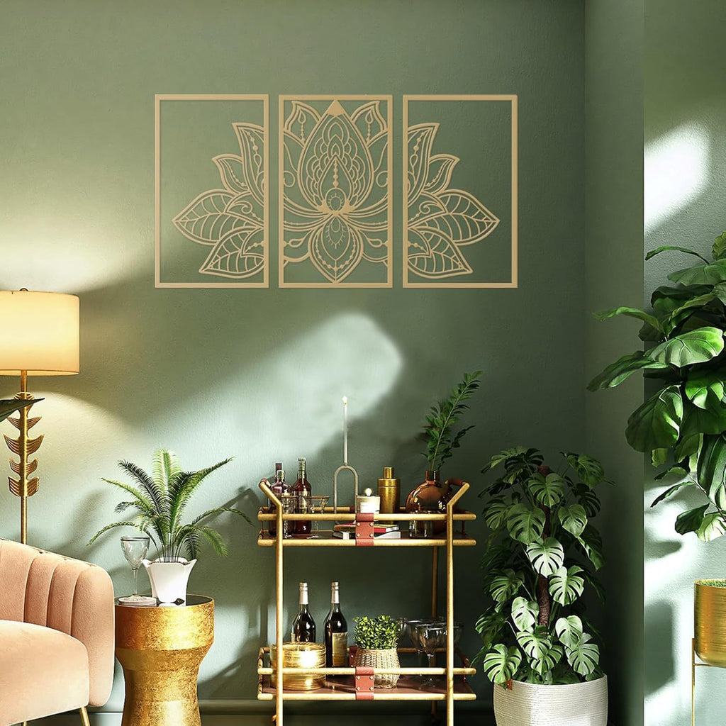 Gold Lotus Mandala Metal Wall Art, 3 Piece Boho Wall Decor Set for Living Room and Bedroom