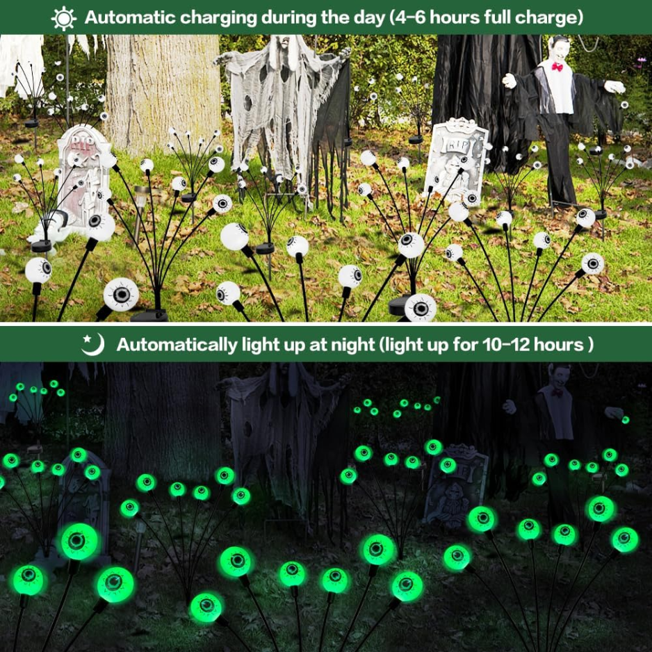 Solar Halloween Eyeball Stake Lights, 2 Pack 12 LED Green Swaying Firefly Yard Lights, Waterproof Outdoor Path Decor