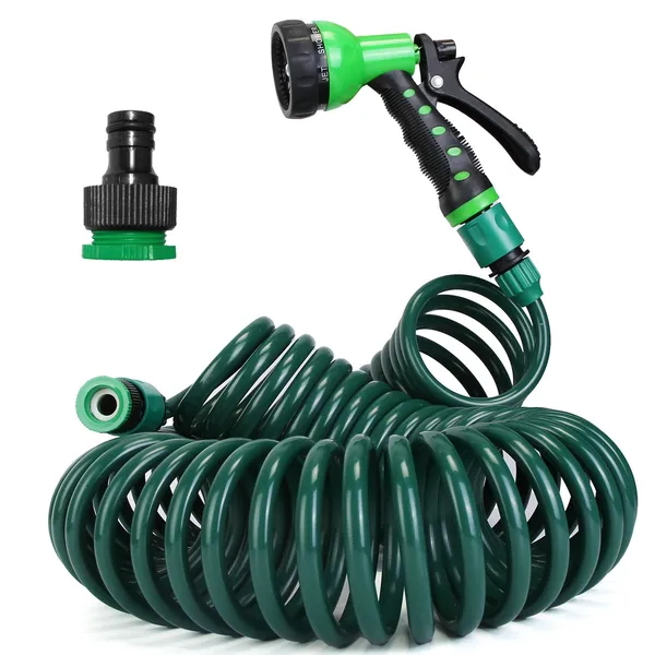 Coiled Garden Hose With 7-Pattern Spray Nozzle, 65.6 ft Self-Coiling Green Water Hose With Faucet Adapter