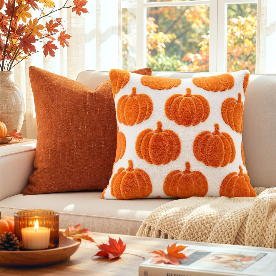 Pumpkin Throw Pillow Covers, Set of 2, 18x18 Orange Plush Fall Decor Cushion Cases