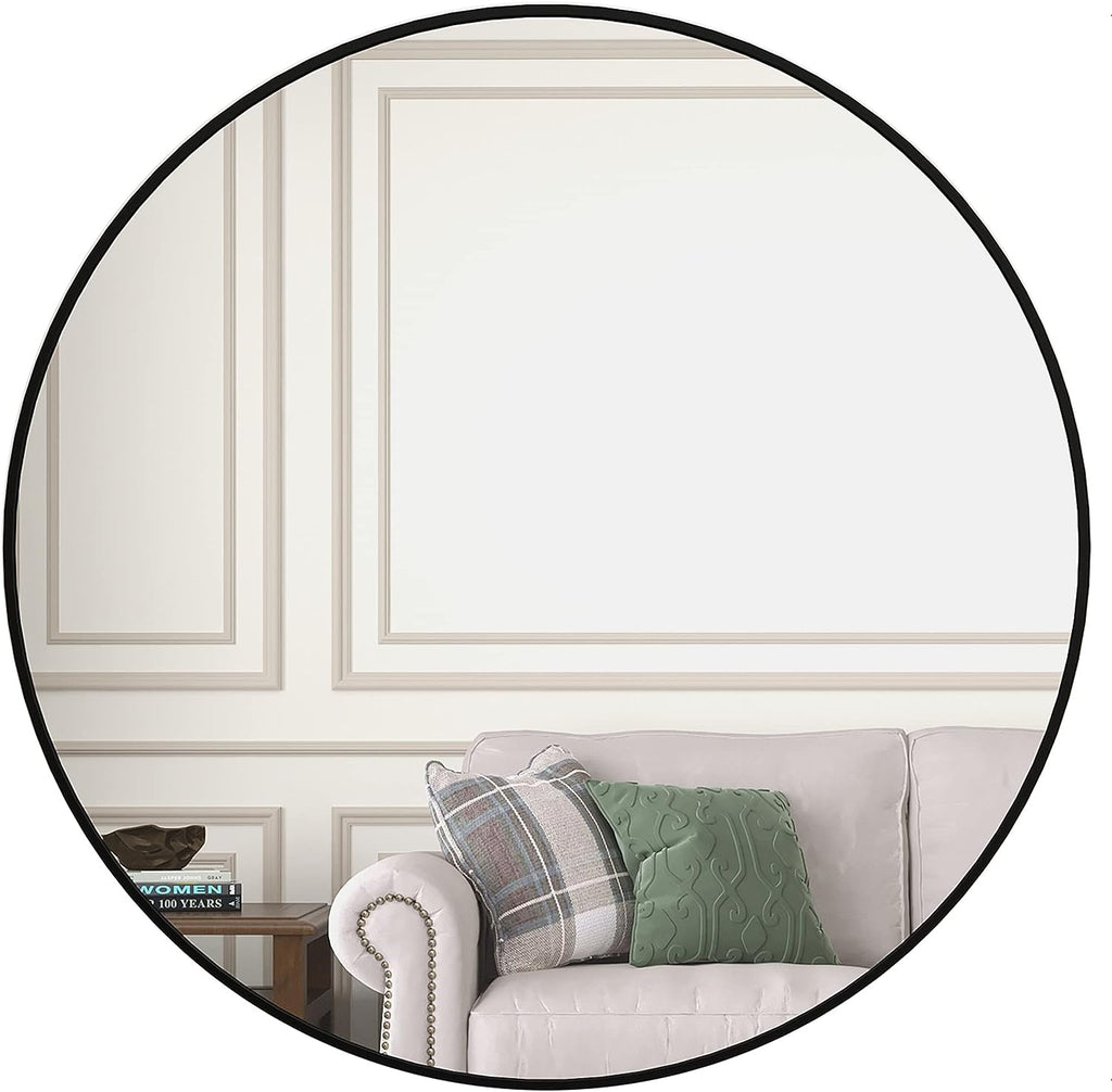36 Inch Round Wall Mirror, Black Metal Framed Circle Mirror for Bathroom, Bedroom and Entryway