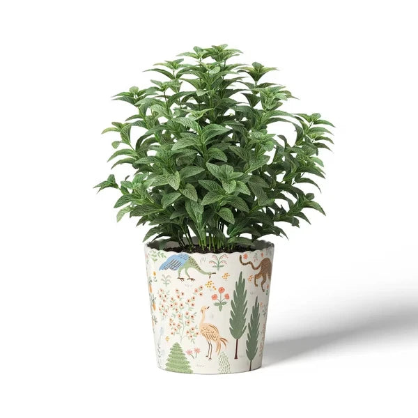 Ceramic Indoor Planter Pot, Glazed Multicolor Floral Design With Scalloped Rim, Round, 6.02" Width