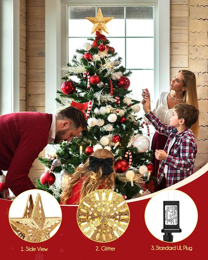 Lighted Christmas Star Tree Topper With Snowflake Projector, 10" Gold Glitter LED Treetop Light