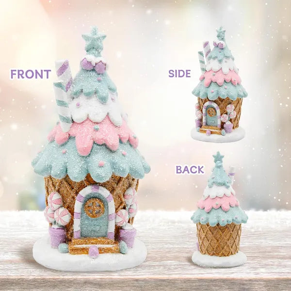 Gingerbread House Christmas Decoration, Pastel Pink and Blue Resin Tabletop Village House Decor