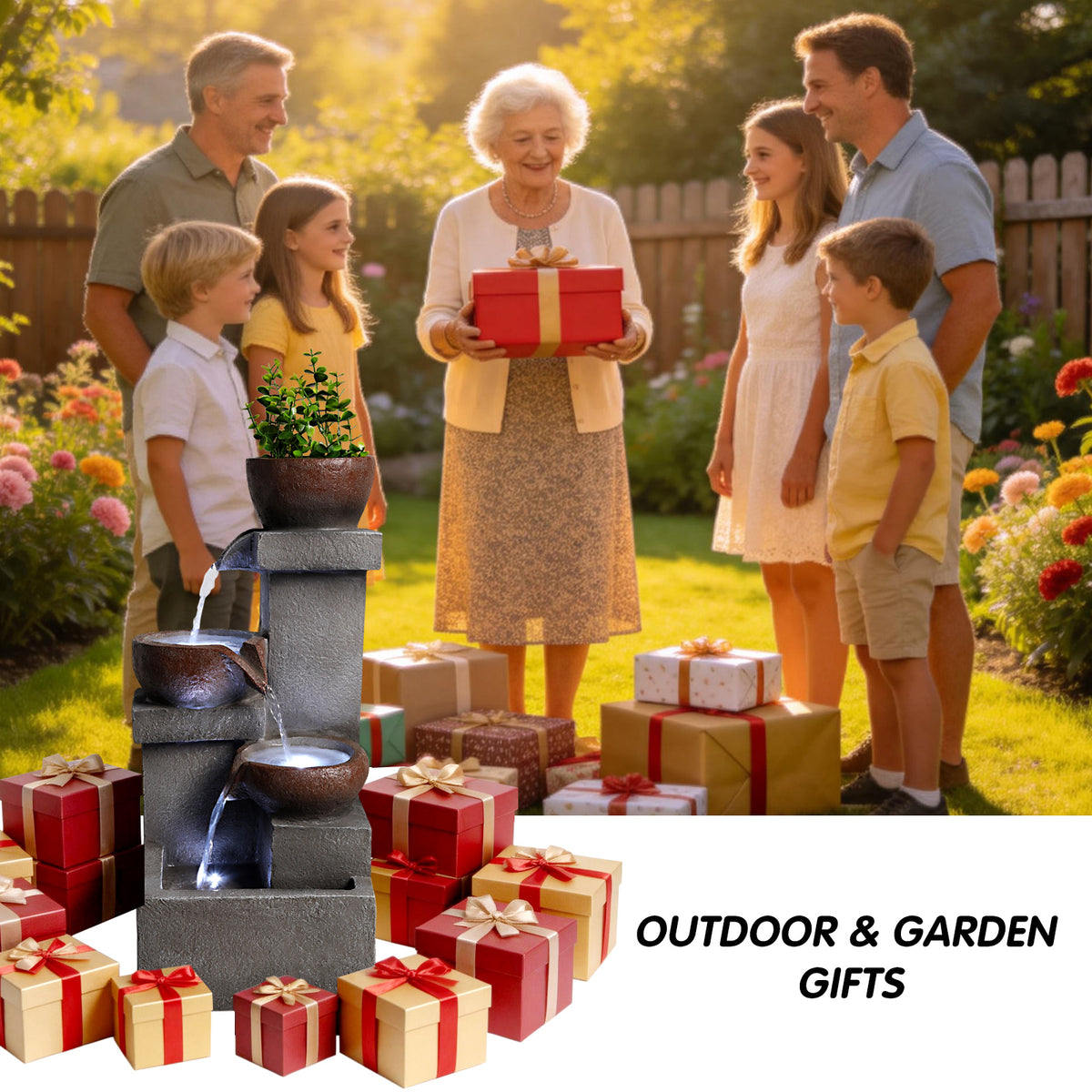Outdoor Water Fountain With LED Lights, 23.6 in. Tiered Cascading Resin Garden Waterfall With Planter, Gray Stone Look