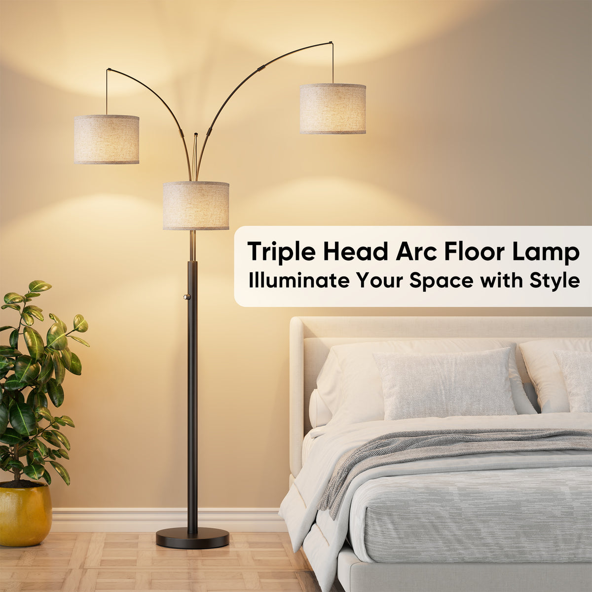 3-Light Arc Floor Lamp, Black Metal Tree Floor Lamp With Dimmable 3 Color Temperature Heads for Living Room and Bedroom