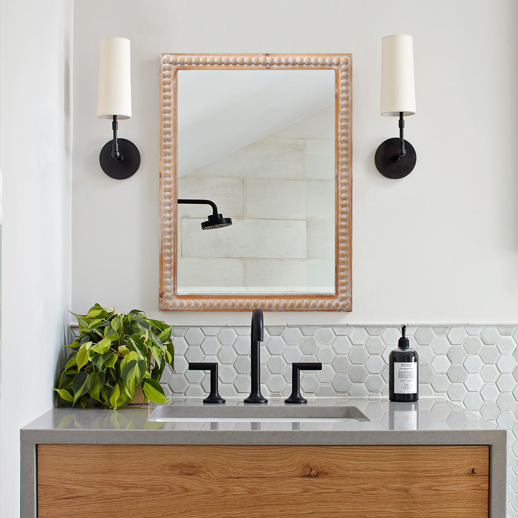 Beaded Wood Frame Wall Mirror, 22 x 30 Inch Rectangle Farmhouse Vanity Mirror in Antique Natural