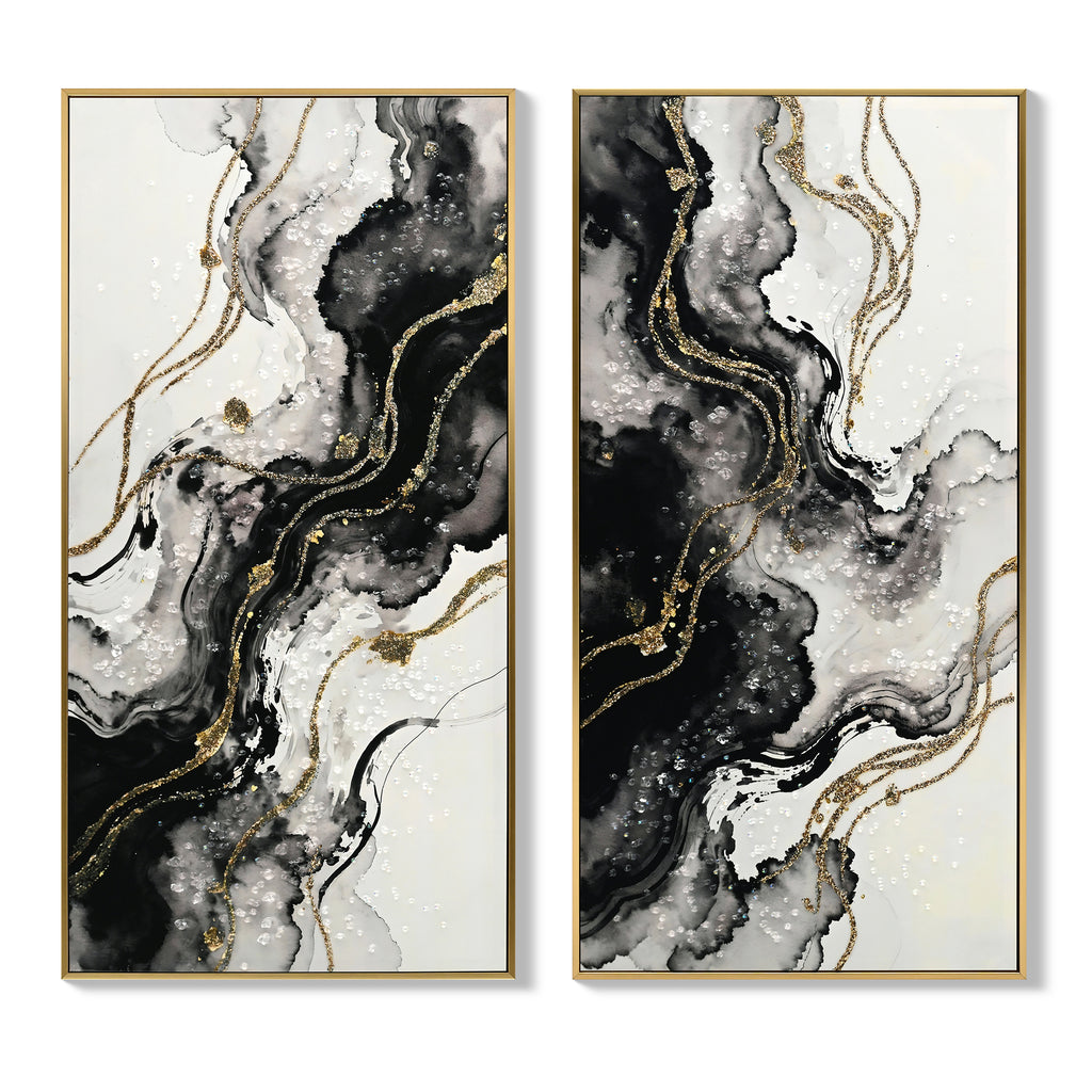 Large Framed Abstract Wall Art, Set of 2 Black White and Gold Canvas Prints, 20 x 40 In Hand-Painted Modern Decor