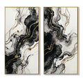 Large Framed Abstract Wall Art, Set of 2 Black White and Gold Canvas Prints, 20 x 40 In Hand-Painted Modern Decor