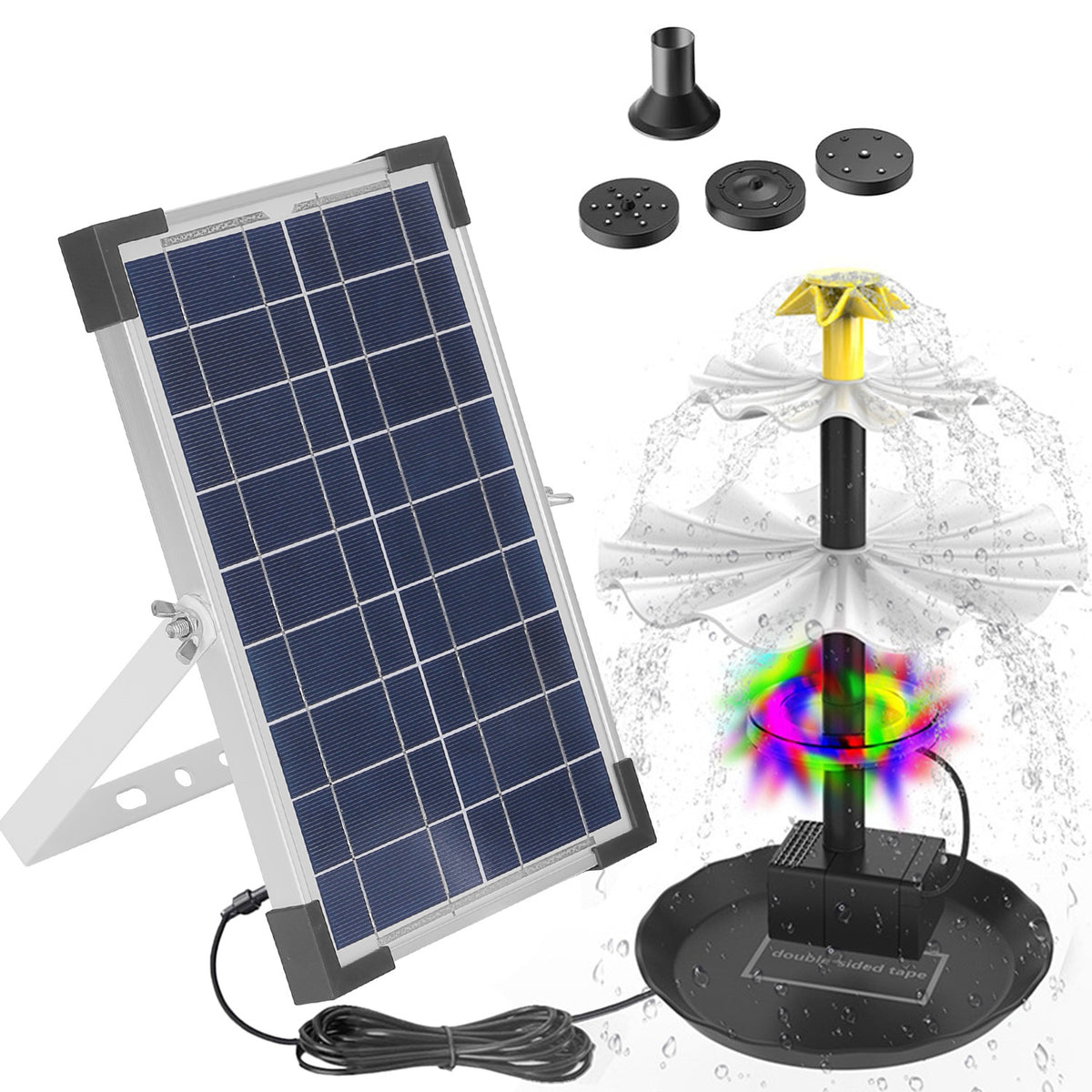Solar Bird Bath Fountain With 3-Tier Waterfall, LED Lights and 6W Solar Panel, 3 Nozzles for Pond, Patio and Garden