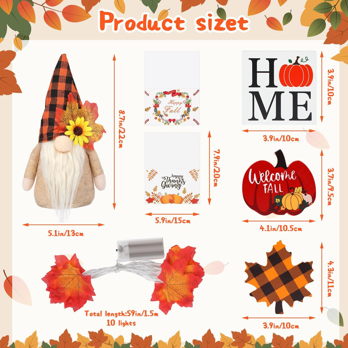 Fall Gnome Tiered Tray Decor Set, 5 Piece Wooden Pumpkin Signs, Maple Leaf String Lights and Greeting Cards