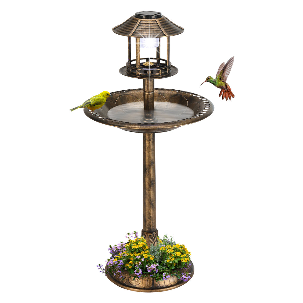 Solar Bird Bath With Light, Bronze Resin Pedestal Birdbath for Garden and Yard, 42" Tall Round Antique Style