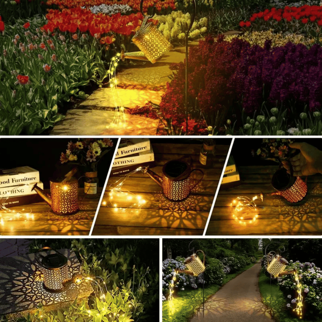 Solar Watering Can With Cascading String Lights, Metal Garden Stake Lantern With 32" Shepherd Hook, Waterproof Outdoor Pathway Decor