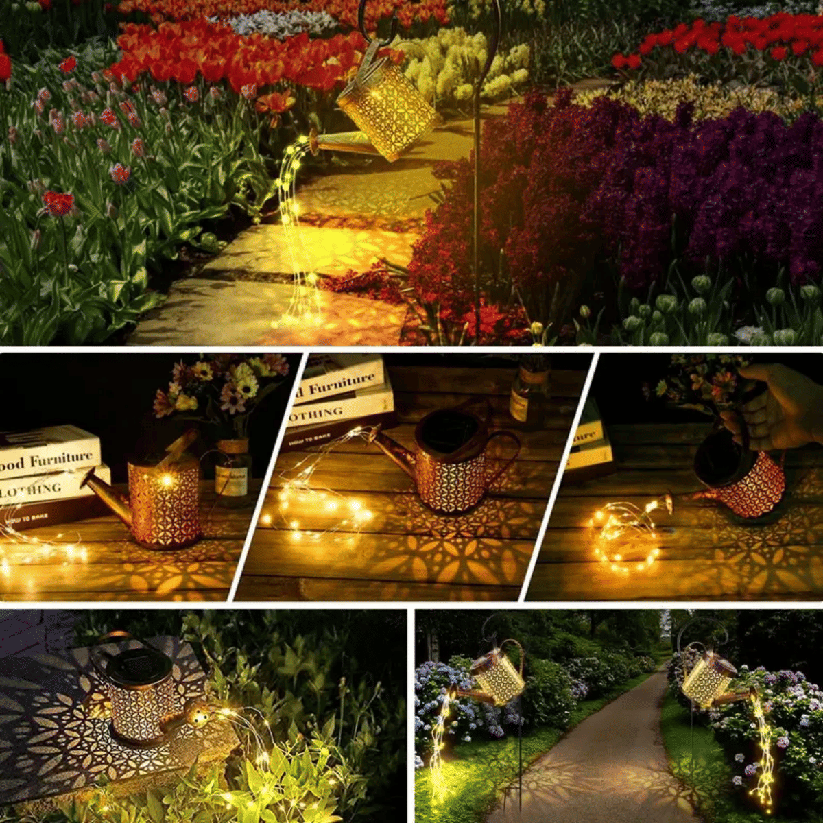 Solar Watering Can With Cascading String Lights, Metal Garden Stake Lantern With 32" Shepherd Hook, Waterproof Outdoor Pathway Decor