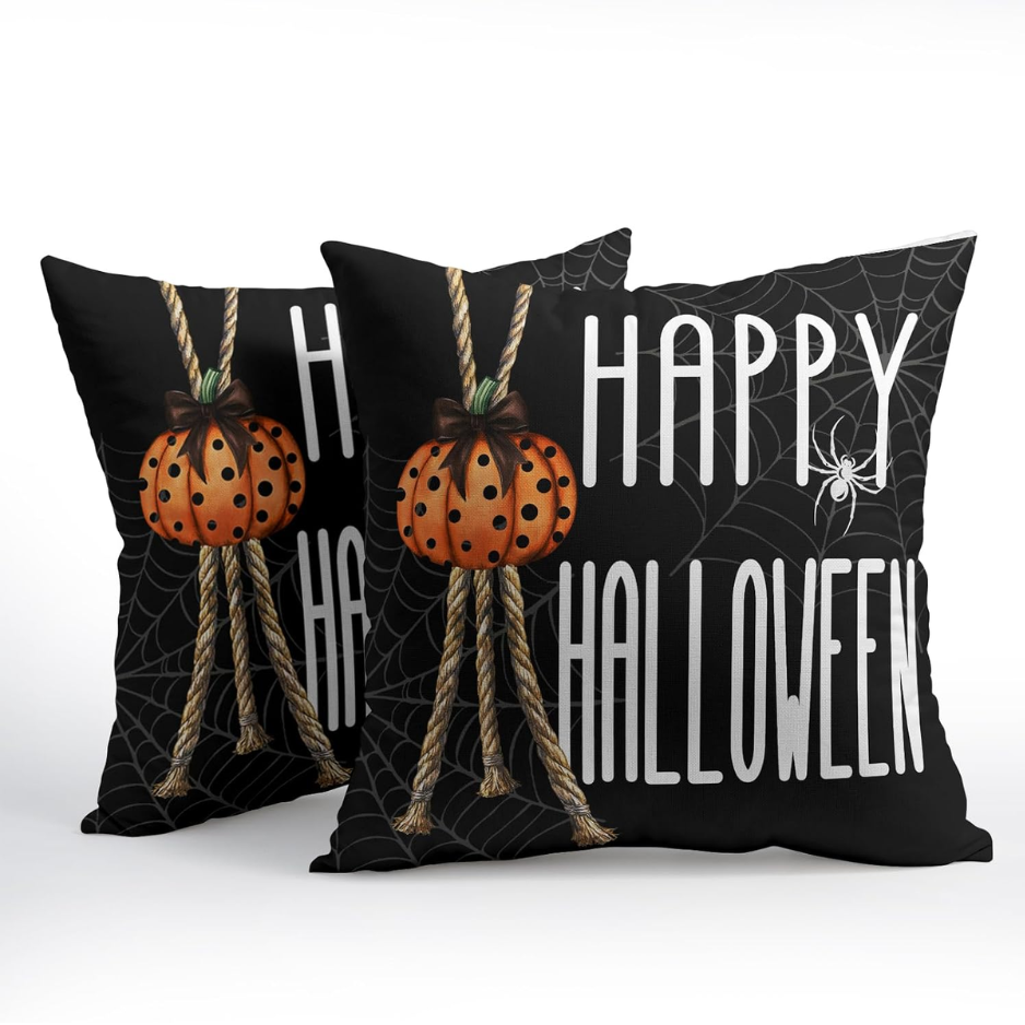 Happy Halloween Pillow Covers 18x18 Inch, Set of 2 Black Pumpkin Spider Web Cotton Linen Throw Pillow Cases