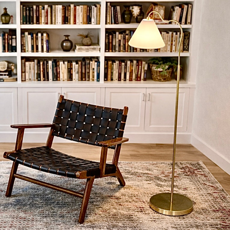 Curved Arc Floor Lamp With White Cone Shade, Brass Round Base, 60 in. Reading Lamp