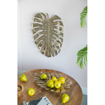 Gold Monstera Leaf Wall Decor, Aluminum Decorative Tray, 18.9" Tropical Botanical Accent