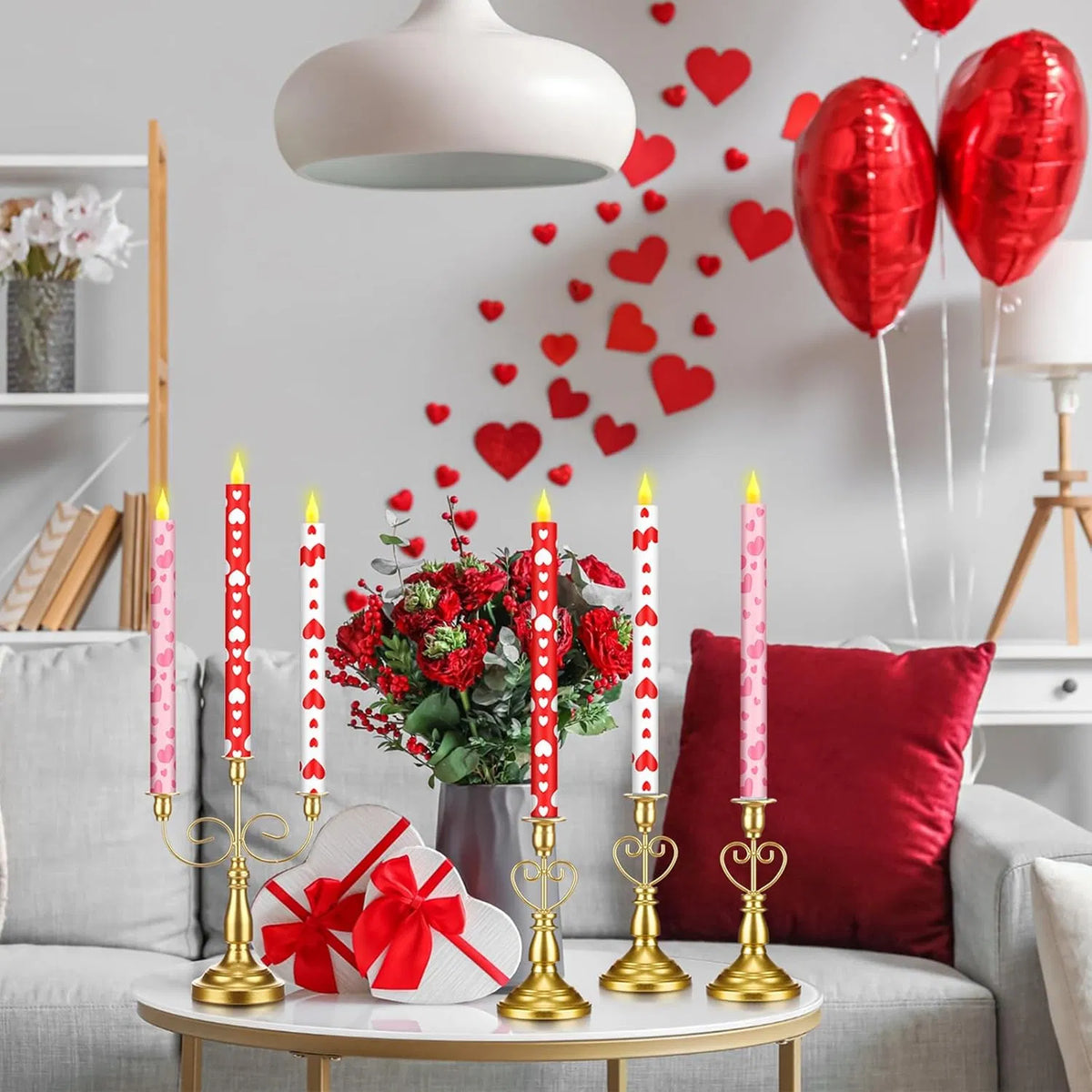 Flameless Taper Candles, Set of 6 Valentine Heart LED Candlesticks in Red, Pink and White, 10.6 Inch Battery Operated Candles