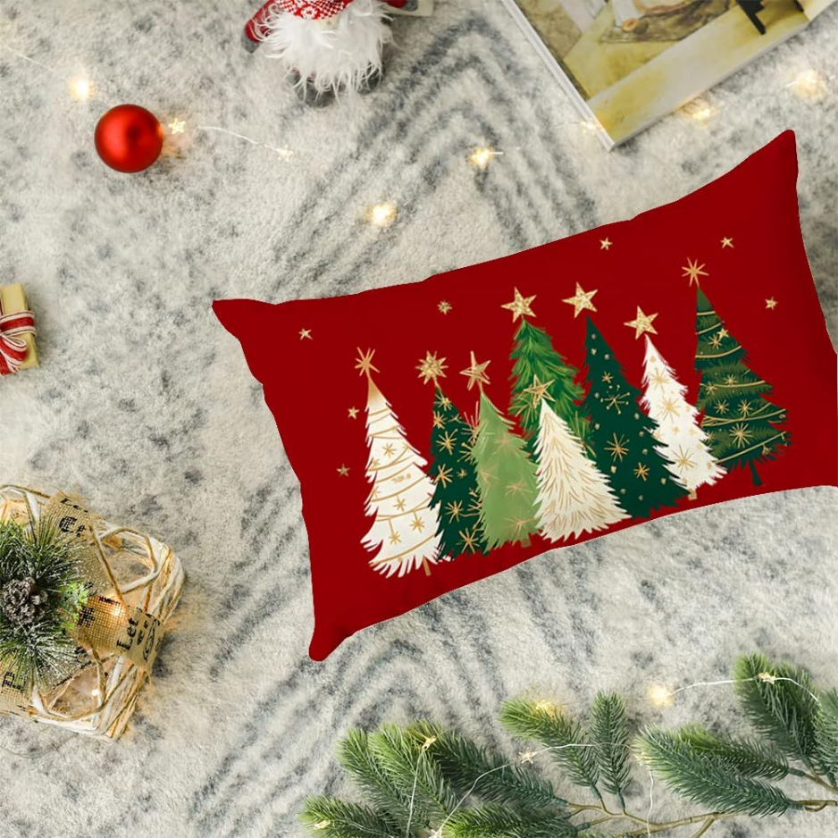 Christmas Tree Lumbar Pillow Cover, 12x20 Red Polyester Linen Xmas Throw Pillowcase