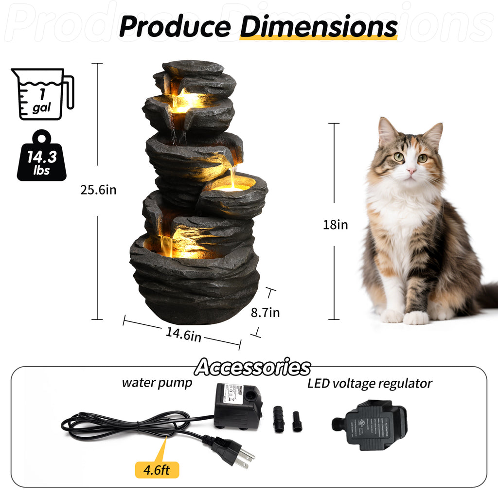 Outdoor Waterfall Fountain With LED Lights, Gray Resin Stacked Rock Cascading Water Feature, 25.6 In. Garden Decor for Patio and Porch