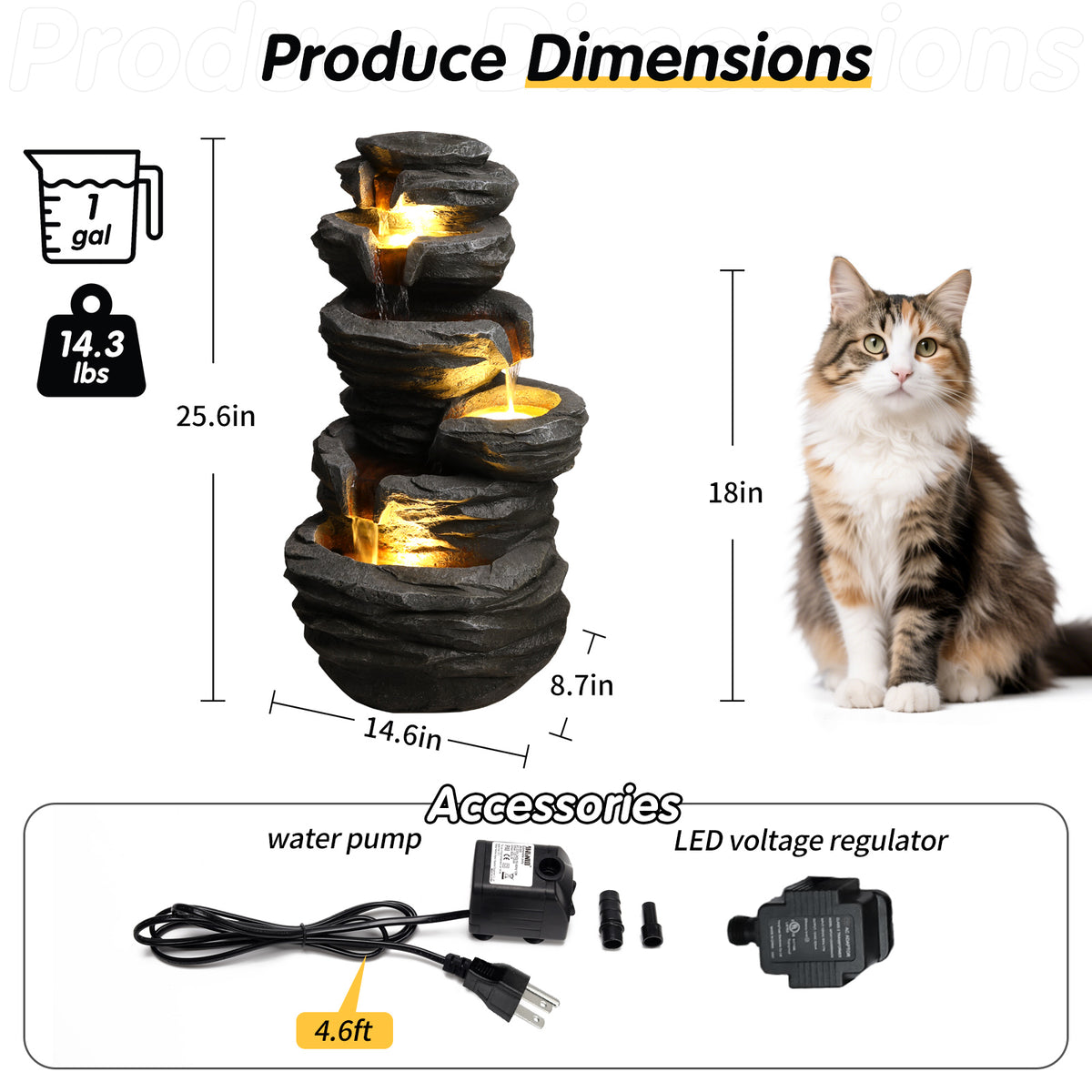 Outdoor Waterfall Fountain With LED Lights, Gray Resin Stacked Rock Cascading Water Feature, 25.6 In. Garden Decor for Patio and Porch