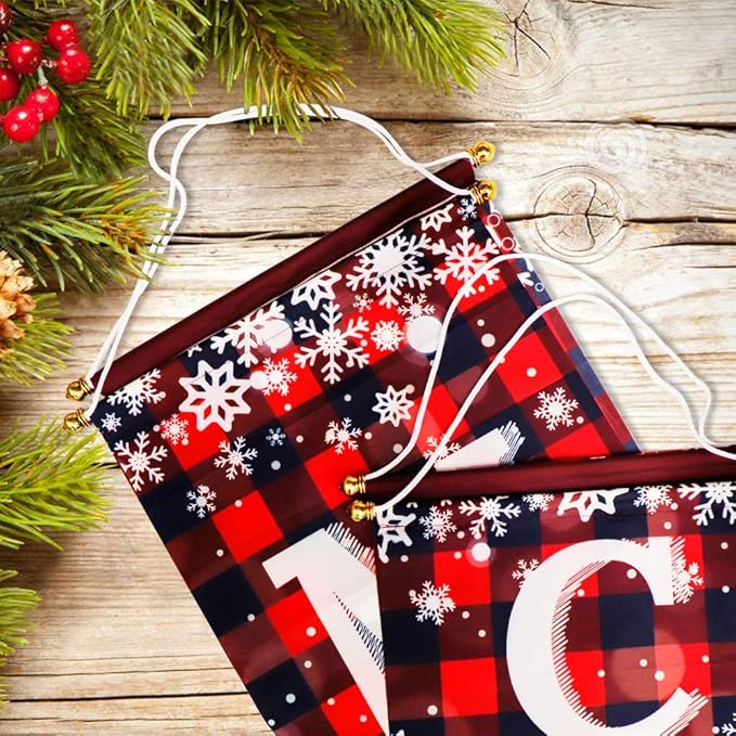 Merry Christmas Porch Sign Set, 2 Red and Black Buffalo Plaid Snowflake Door Banners, 71" x 13" Hanging Yard Decor