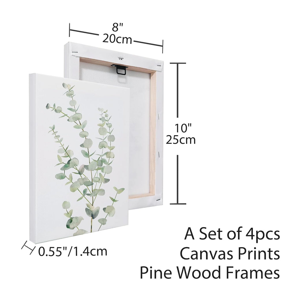 Botanical Eucalyptus Canvas Wall Art, Set of 4 Framed 8x10 Sage Green Prints for Bathroom and Bedroom