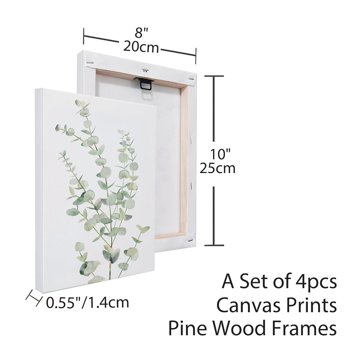 Botanical Eucalyptus Canvas Wall Art, Set of 4 Framed 8x10 Sage Green Prints for Bathroom and Bedroom