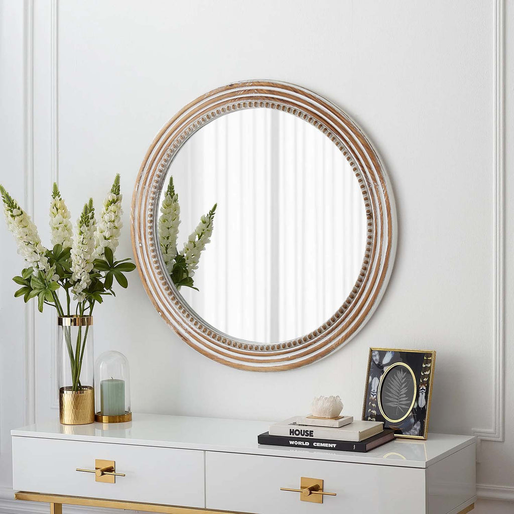 Rustic Round Wall Mirror, 23.62 Inch Beaded Wood Farmhouse Circle Mirror, Antique Natural